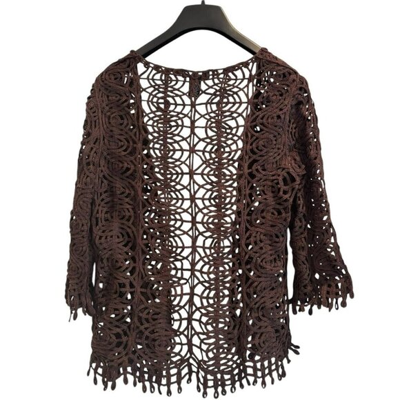 Weavz Brown Crochet Lace Cardigan | Retro Boho Open Front Festival Fit M - Picture 2 of 3